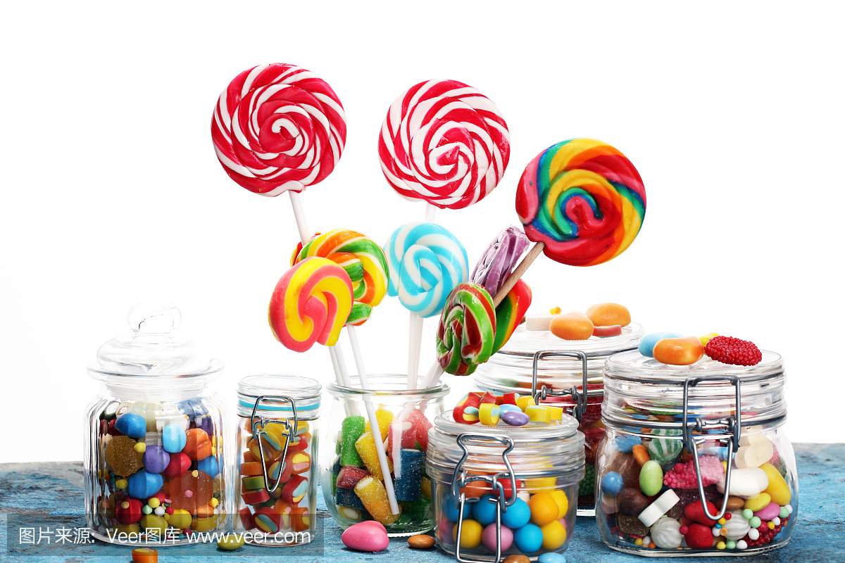 果凍和糖的糖果。五顏六色的陣列不同的兒童糖果和糖果。